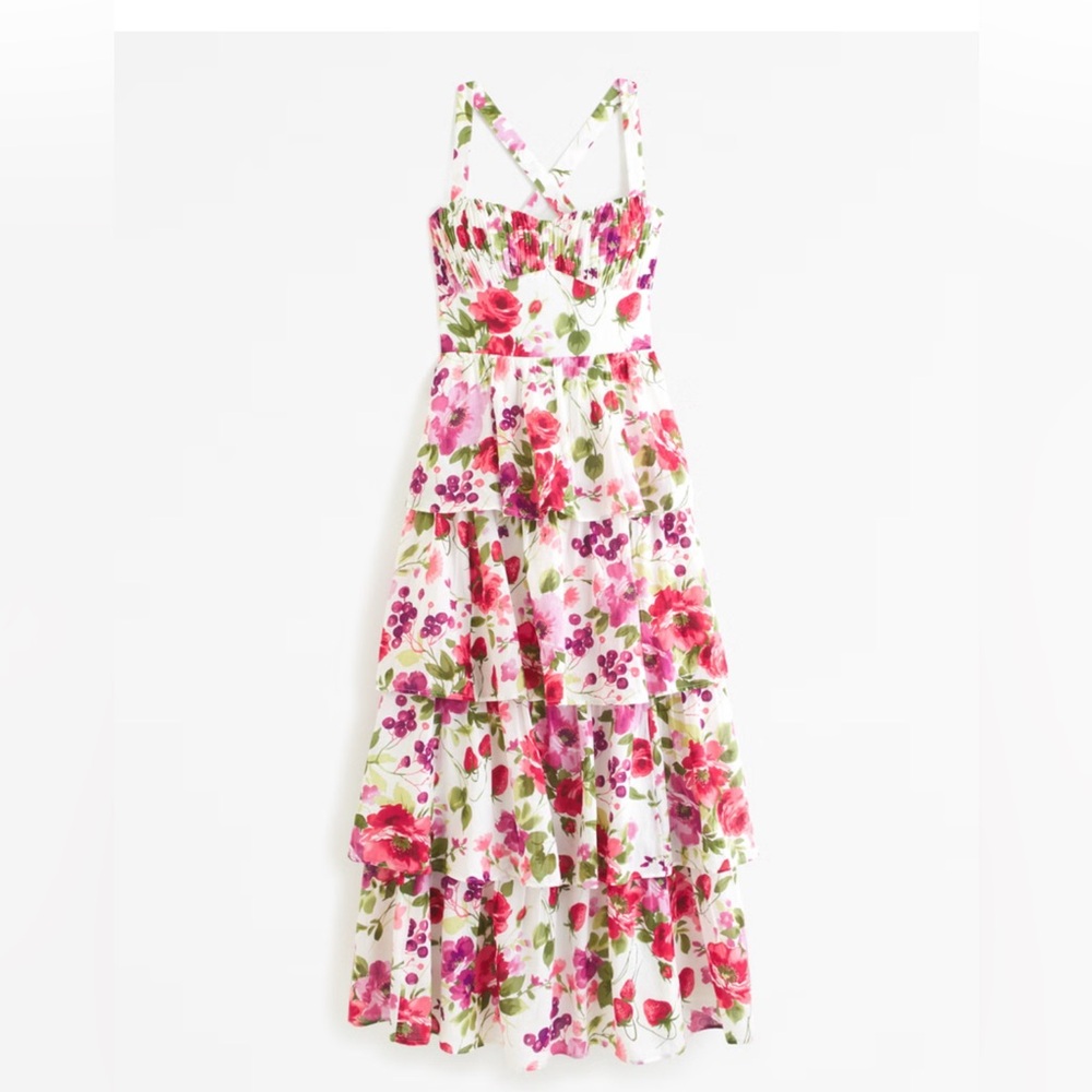 Floral lace-up back tiered maxi dress